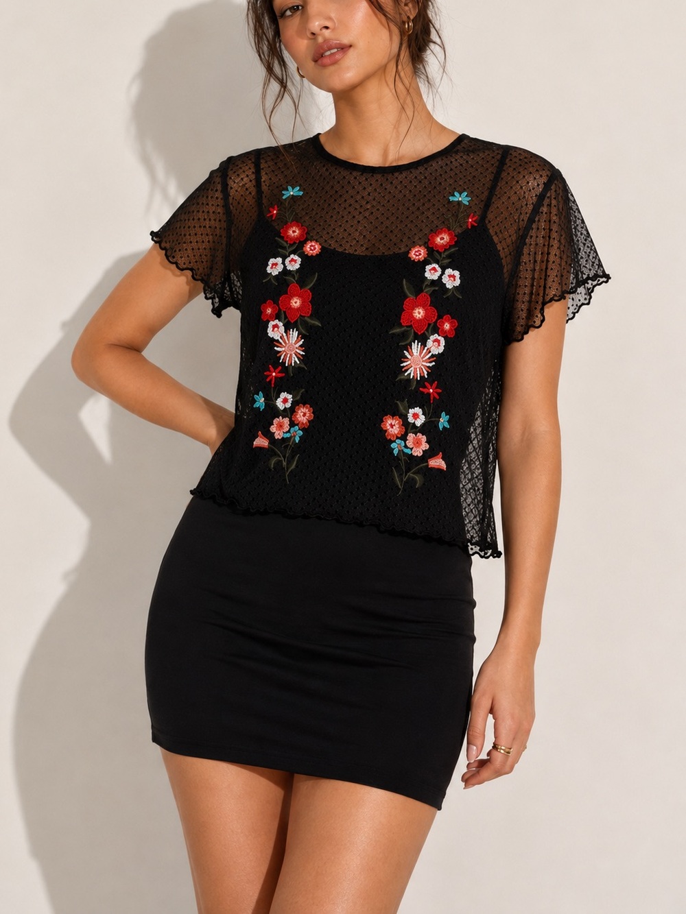 Forever 21 Floral Polka Dot Embroidered Black Mesh Top